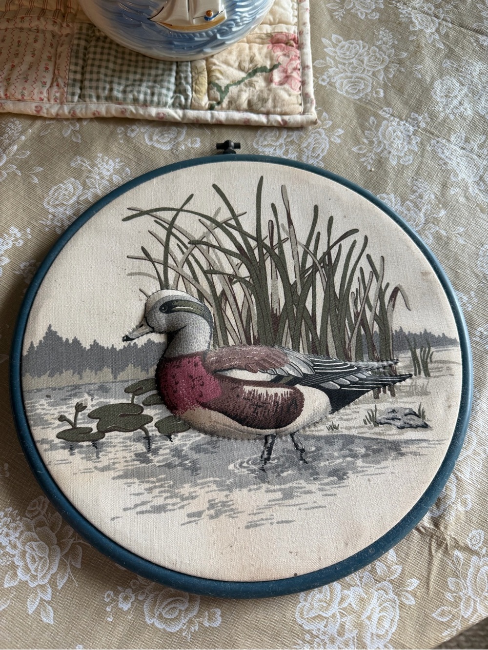 Framed Duck Illustration quilted round Wall Art - Teal Accent